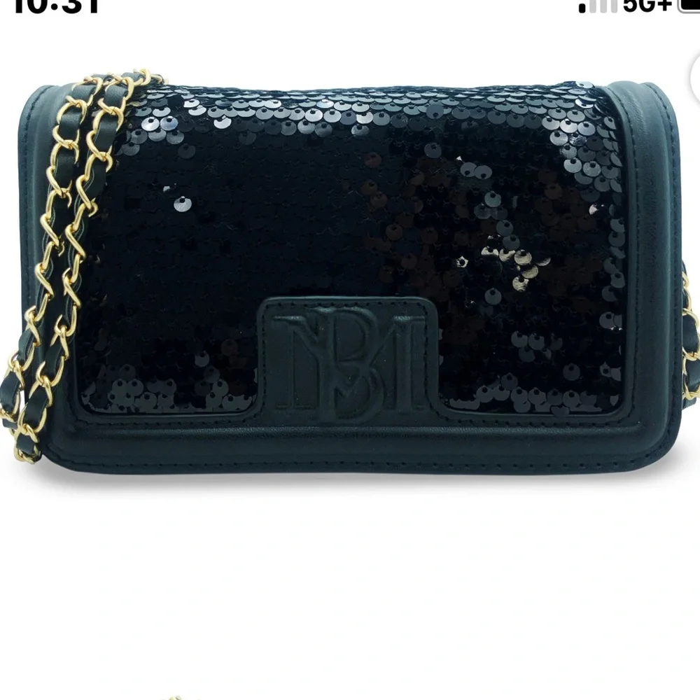 NWT Badgley Mischka Black Sequin Satin & Vegan Leather Crossbody Clutch Money